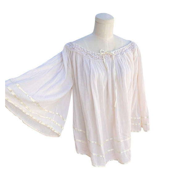 Vintage Mexican Gauze Blouse Angel Sleeves Crochet Ribbons One Size 1970's - Picture 5 of 7